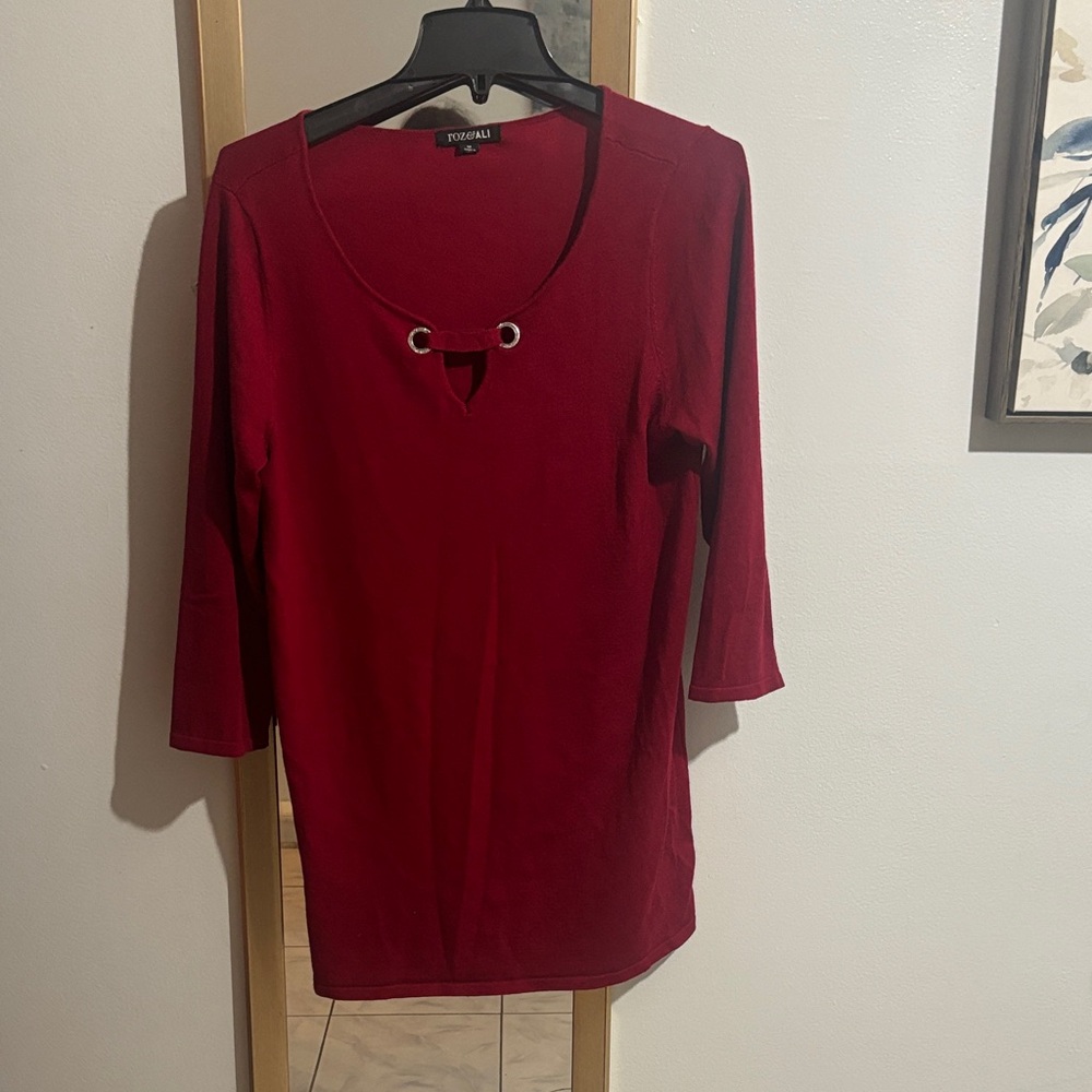 Roz & Ali Crimson Red Scoop Neck Tunic with Grommet Detail